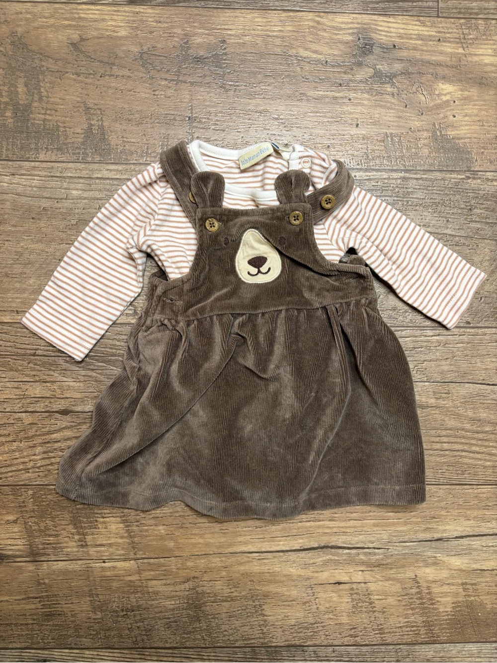 JoJo Maman Bebe Brown Corduroy Bear Pinafore Dress with Striped Top